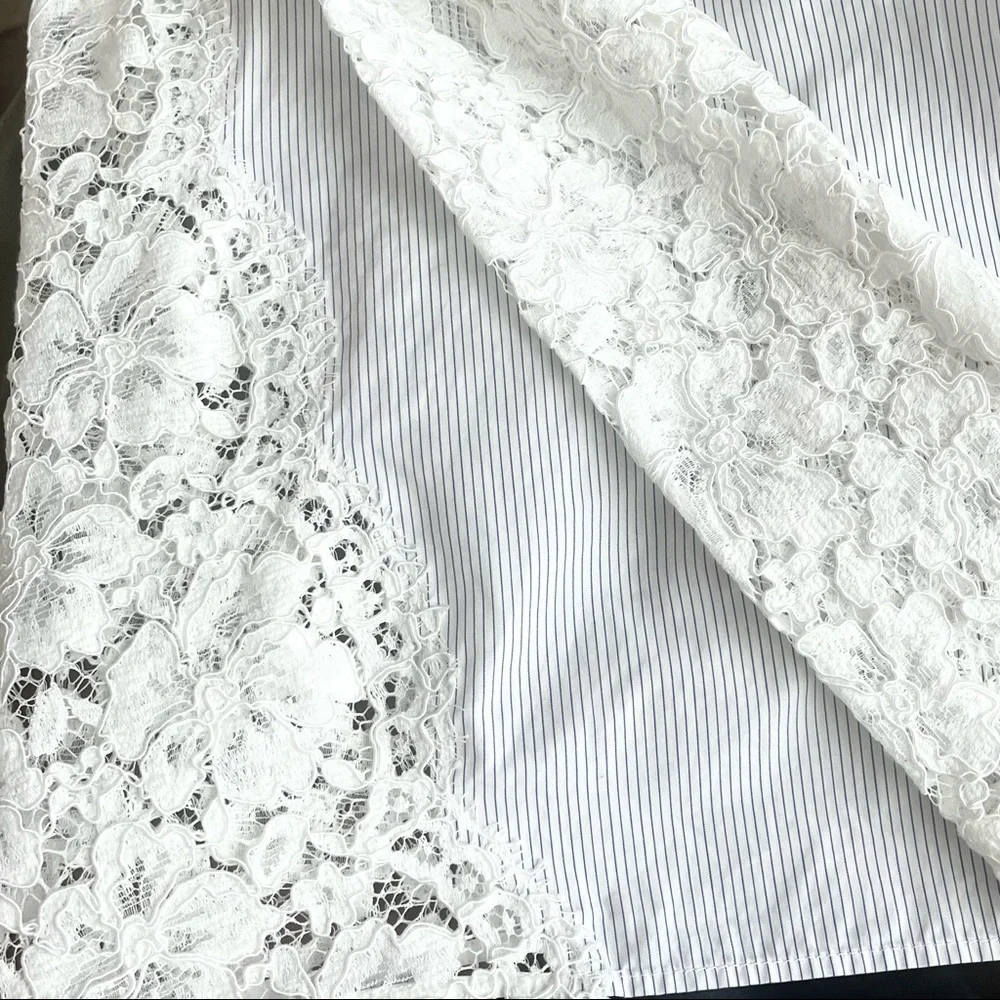 SANDRO | 🤍 White Lace Mock Neck Blouse w/ Thin Pinstripe Panel | Size 1 (Small) - Picture 9 of 16